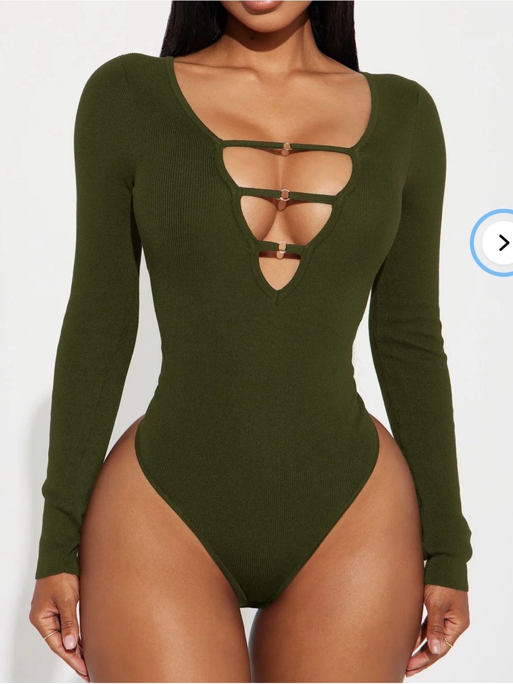 Fashion Nova Olive Green Long Sleeve Ribbed Cutout Bodysuit